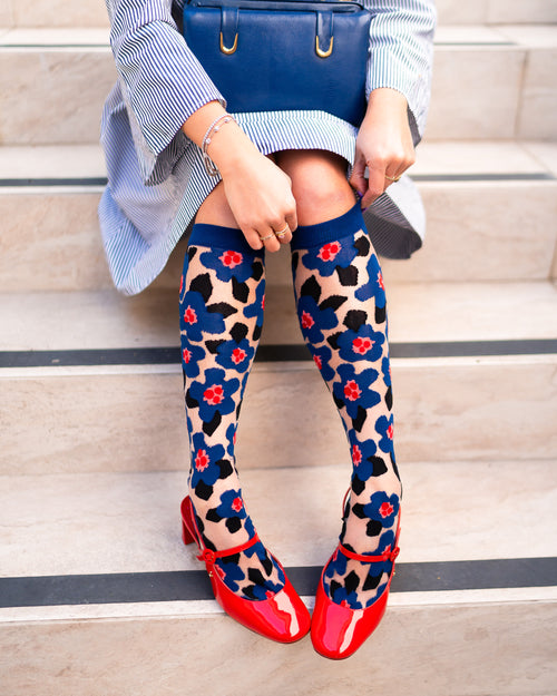 sock candy bold blue sheer knee high sock blue floral knee high fashion socks and heels