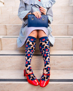 sock candy bold blue sheer knee high sock blue floral knee high fashion socks and heels