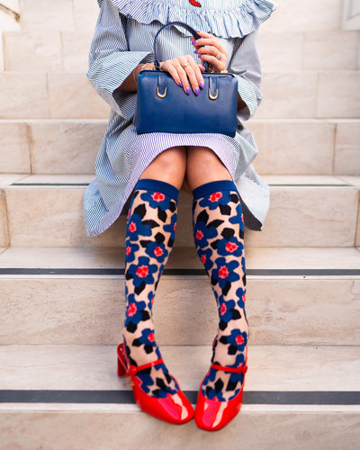 sock candy bold blue sheer knee high sock blue floral knee high fashion socks and heels