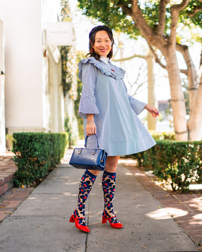 sock candy bold blue sheer knee high sock blue floral knee high fashion socks and heels