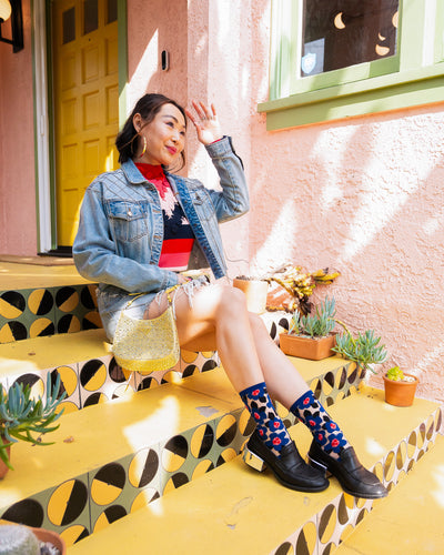 Sock Candy shark tank socks Bold Blue floral sheer sock blue floral socks and loafers