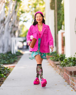 Sock Candy English Rose knee high black sheer socks and clogs 